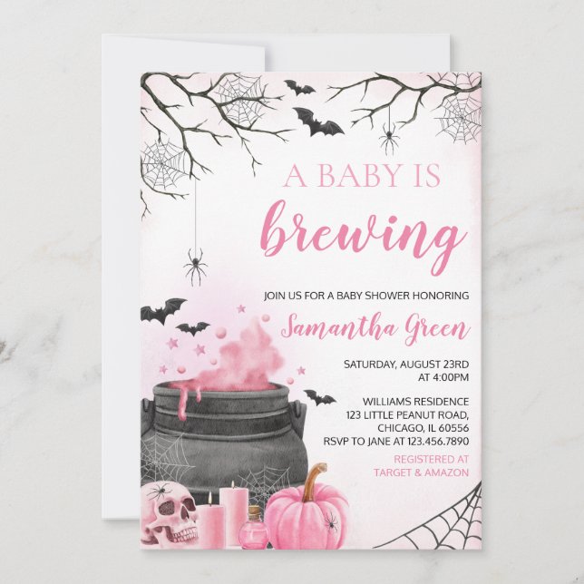 Invitation Fille rose Un bébé brasse un Baby shower d'Hallowe (Devant)