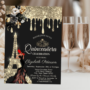 Invitation Fille Roses Noires Tour Eiffel Or Dégoulinant 