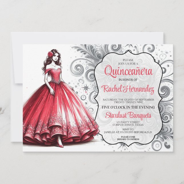 Invitation Fille rouge de Quinceañera (Devant)