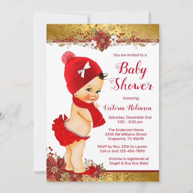 Invitation Fille Rouge or Baby shower de Noël Brunette (Devant)