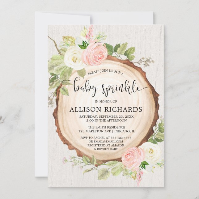 Invitation Fille rustique saupoudrer bébé, crème rose rousse  (Devant)