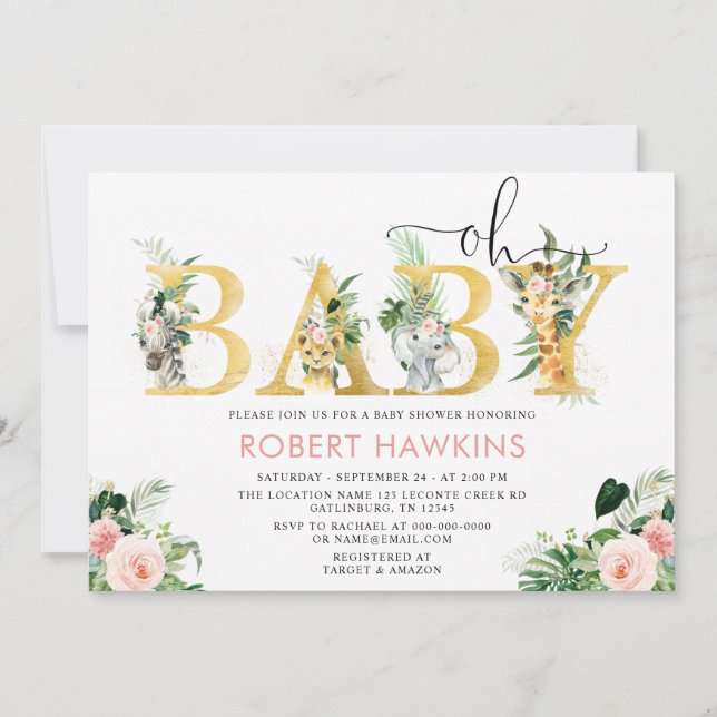 Invitation Fille Safari animal modifiable Oh Baby shower (Devant)