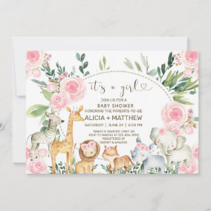 Invitation Fille safari animaux baby shower invitation, roses