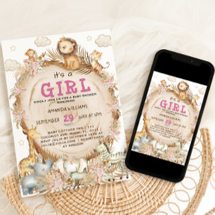 Invitation Fille Safari Animaux Baby shower rose