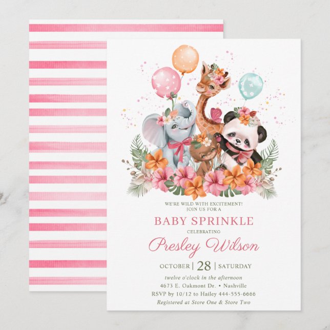 Invitation Fille Safari Animaux Bébé Sprinkle (Devant / Derrière)