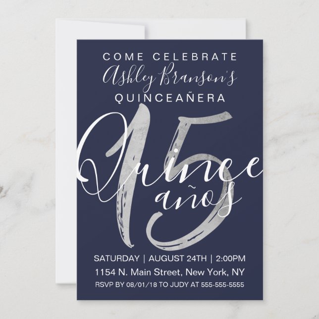 Invitation Fille Simple Marine Blue Silver Foil Quinceañera (Devant)