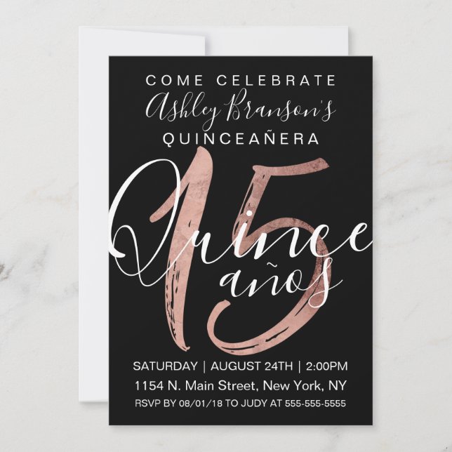 Invitation Fille simple Rose noir en or Quinceañera (Devant)
