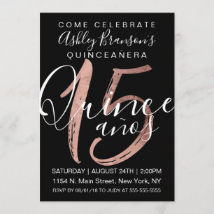 Invitation Fille simple Rose noir en or Quinceañera