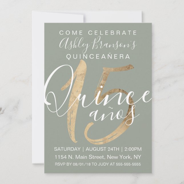 Invitation Fille Simple Sage Vert Or Huile Quinceañera (Devant)