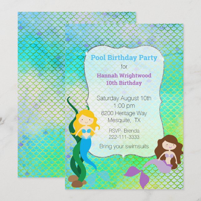 Invitation Fille Sirène Anniversaire Pool Party (Devant / Derrière)
