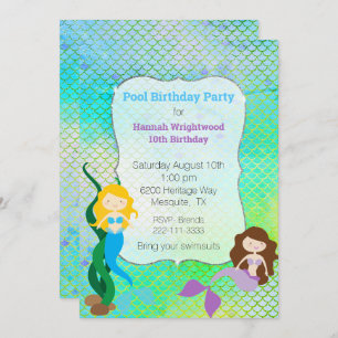 Invitation Fille Sirène Anniversaire Pool Party