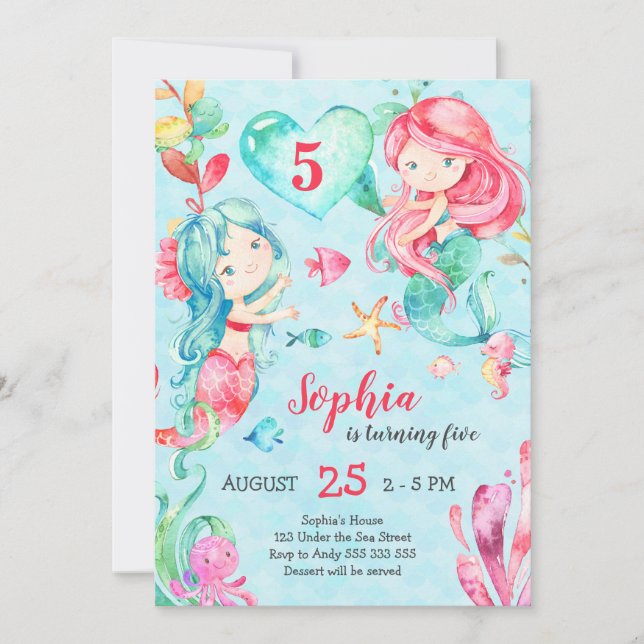 Invitation Fille Sirène Anniversaire sous la mer mignon rose  (Devant)
