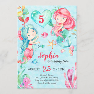 Invitation Fille Sirène Anniversaire sous la mer mignon rose 