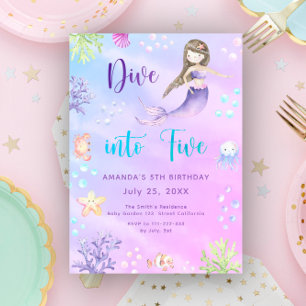 Invitation Fille Sirène Plonge Dans Cinq 5ème Fête d'Annivers