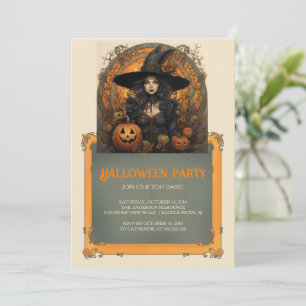 Invitation Fille sorcière et Halloween gothique Citrouille