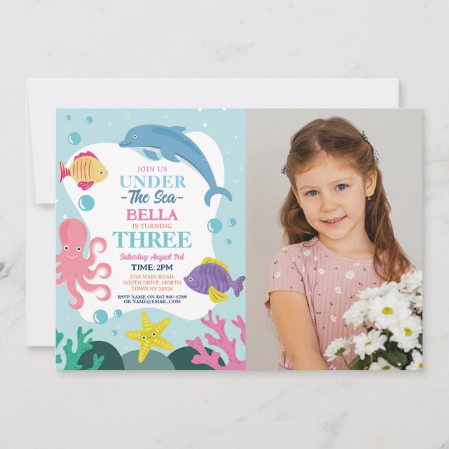 Invitation Fille sous la mer TROIS Ocean Dolphin Photo 3ème (Devant)