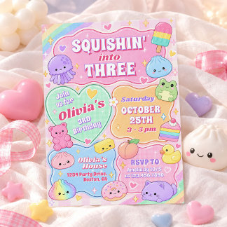 Invitation Fille Squishy Groovy Arc-en-ciel 3e Anniversaire 