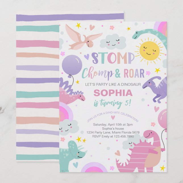 Invitation Fille Stomp Chomp & Dinosaure de rôti Anniversaire (Devant / Derrière)