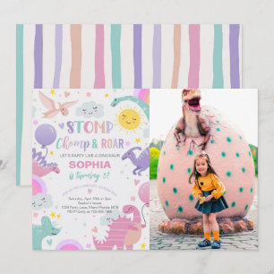 Invitation Fille Stomp Chomp & Roar Dinosaur Photo Anniversai