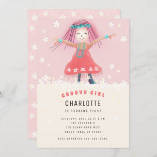 Invitation Fille Super rose Boho mignonne Fleur fête d'annive