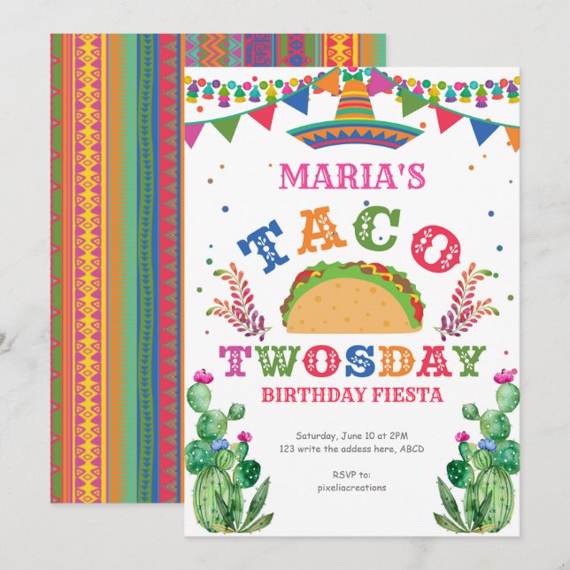 Invitation Fille, Taco 2e Anniversaire, Fiesta, Taco Deux Jou (Devant / Derrière)
