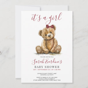 Invitation Fille Teddy Ours Aquarelle Fille Baby shower