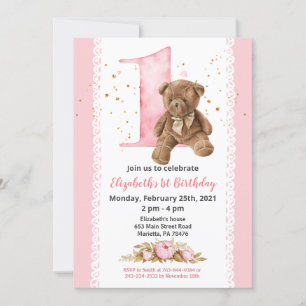Invitation Fille Teddy Ours Aquarelle Floral 1er