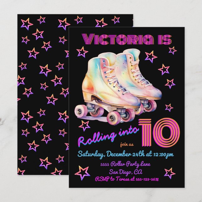 Invitation Fille teinture rose Roller Patinage Anniversaire F (Devant / Derrière)