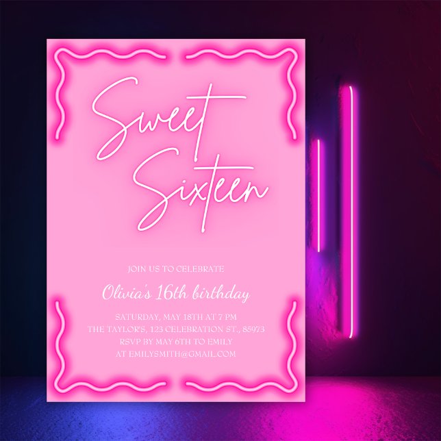 Invitation Fille tendance Neon rose Doux 16 Anniversaire (Créateur téléchargé)