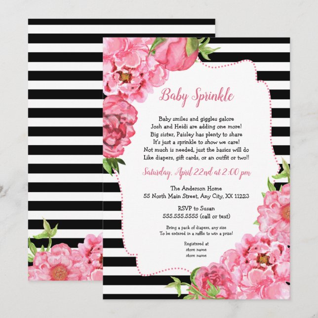 Invitation Fille tendance rose floral bébé saupoudrer les inv (Devant / Derrière)