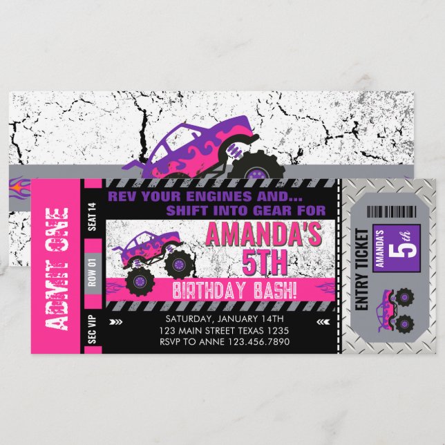 Invitation Fille Ticket d'anniversaire pour Monster Truck (Devant / Derrière)