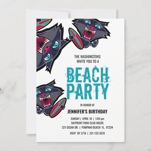 Invitation fille TOUT ÂGE surf chat BEACH FÊTE D'anniversaire (Devant)