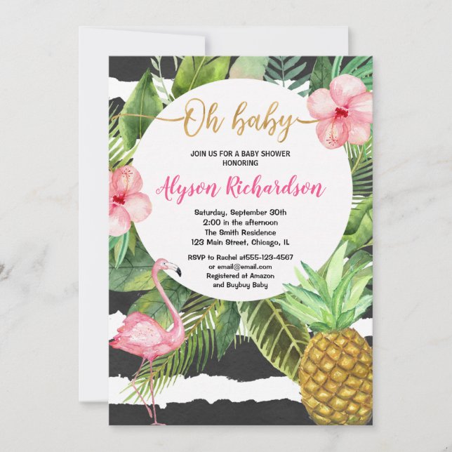 Invitation Fille tropicale de baby shower, ananas de flamant (Devant)