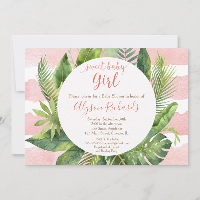 Invitation Fille tropicale de baby shower, paumes de verdure (Devant)