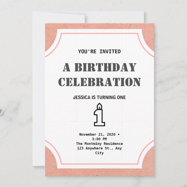 Invitation Fille Turner un simple élégant 1er anniversaire (Devant)