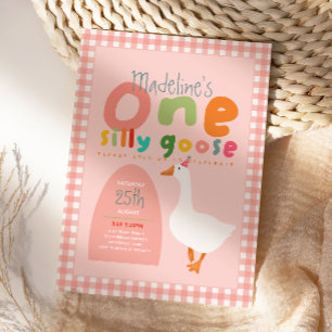 Invitation Fille Un Oie Ridicule Gingham Rose Premier Anniver