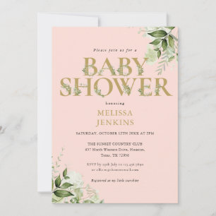 Invitation Fille Verdure Rose Doré Lettre Baby Shower