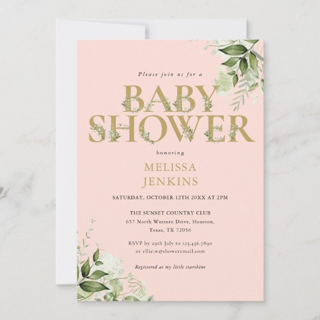 Invitation Fille Verdure Rose Doré Lettre Baby Shower (Devant)