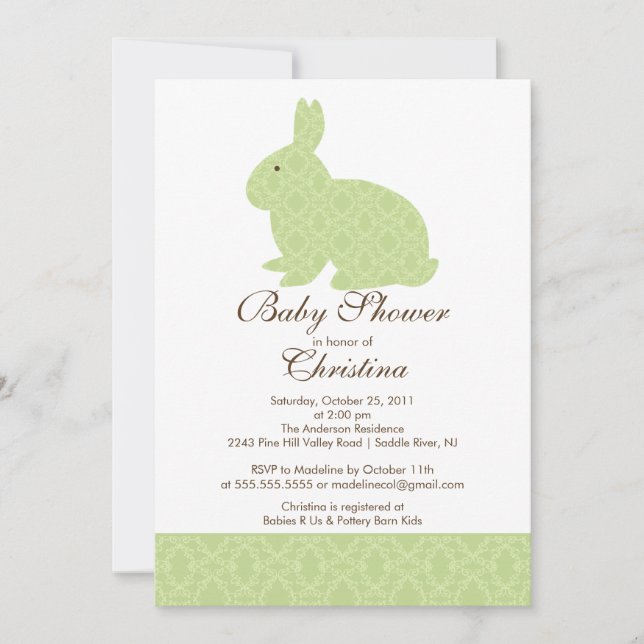 Invitation Fille verte d'invitation de baby shower de lapin