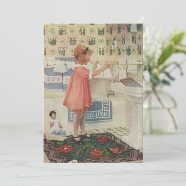 Invitation Fille vintage, Lave-linge Linge (Debout devant)