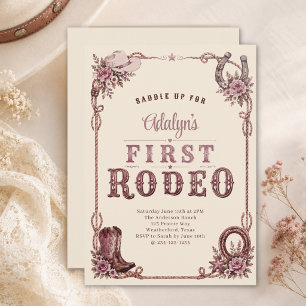 Invitation Fille Vintage Rose Premier Rodéo 1er Anniversaire