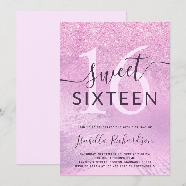 Invitation Fille violet parties scintillant sweet sixteen ann (Devant / Derrière)