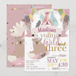 Invitation Fille Wild Boho Troisième anniversaire