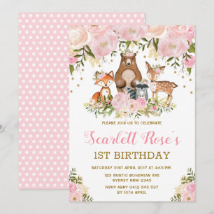 Invitation Fille Woodland 1er anniversaire Pink Gold Floral P