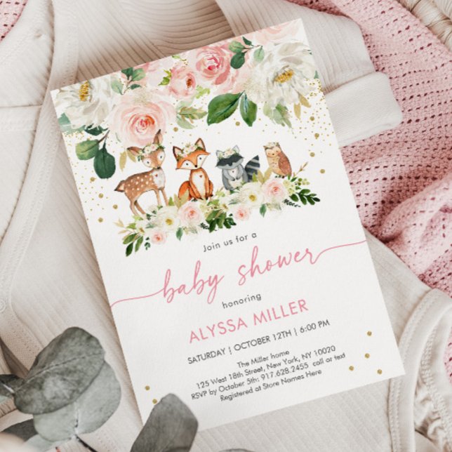 Invitation Fille Woodland Blush Baby shower Floral (Créateur téléchargé)