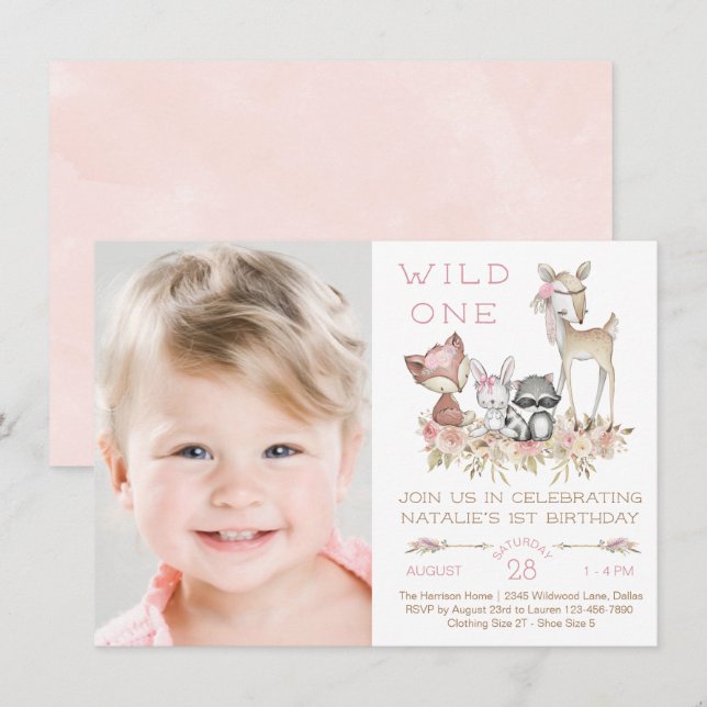 Invitation Fille Woodland Photo Première fête d'anniversaire (Devant / Derrière)