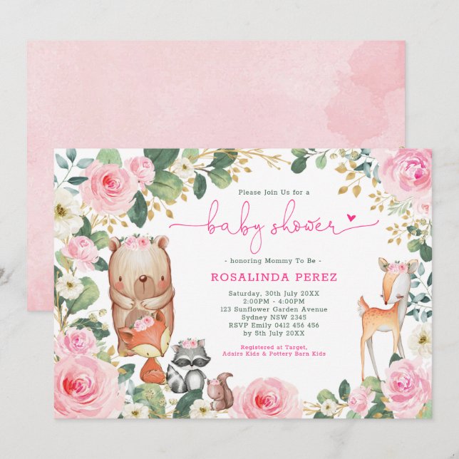 Invitation Fille Woodland rose Floral Rose Baby shower forest (Devant / Derrière)