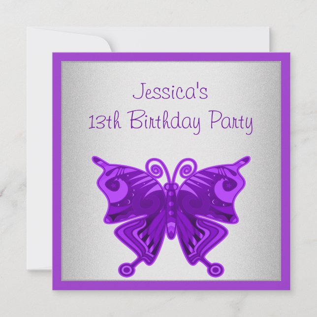 Invitation Filles 13e anniversaire Clair Papillon mauve Argen (Devant)