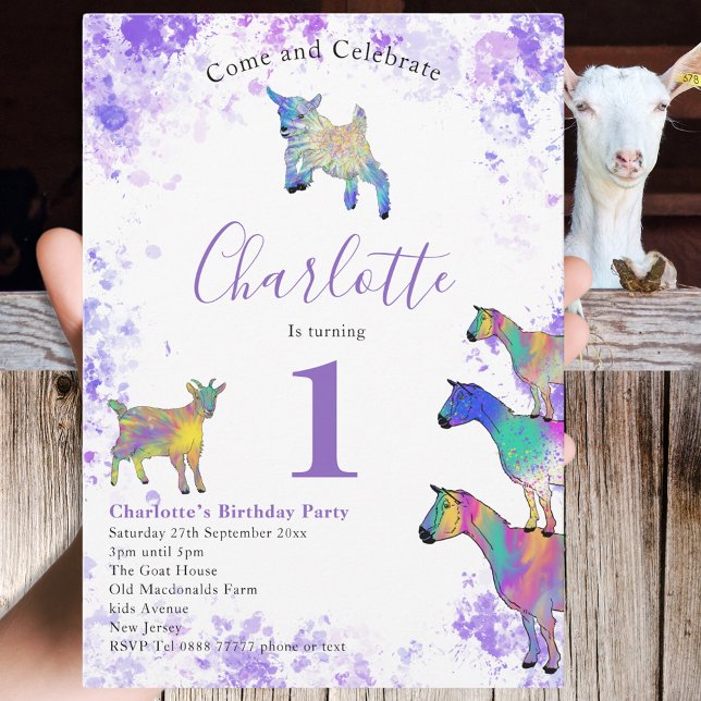Invitation Filles 1er Anniversaire Fête Aquarelle Chèvres pou (Cute goat themed 1st birthday party invitation purple watercolor splash and colorful goats)