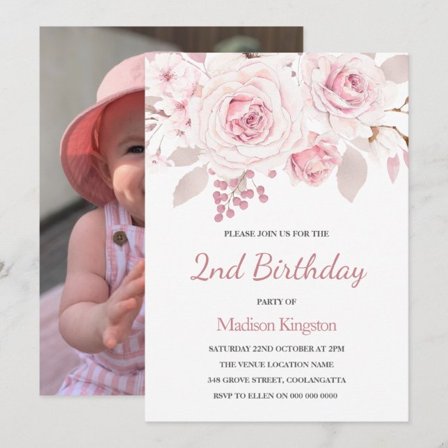 Invitation Filles 1er Anniversaire Fête avec Fleurs Rose Phot (Devant / Derrière)